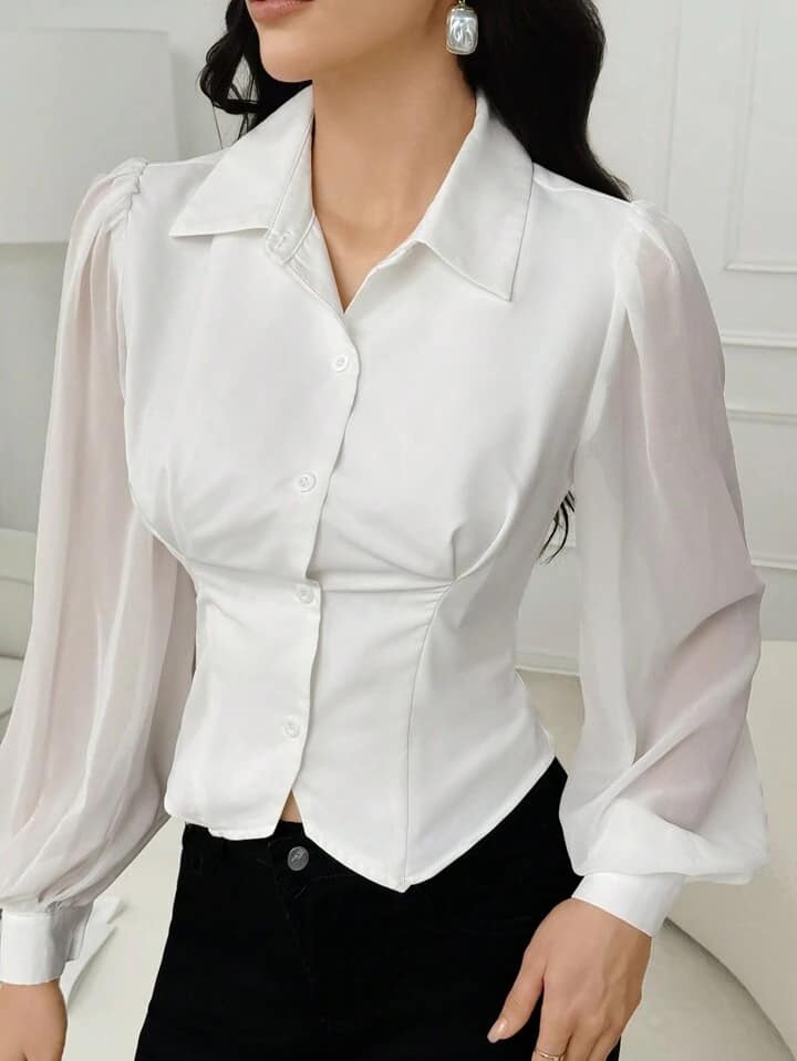 CM-TS680784 Women Elegant Seoul Style Asymmetric Hem Front Button Long Sleeve Shirt