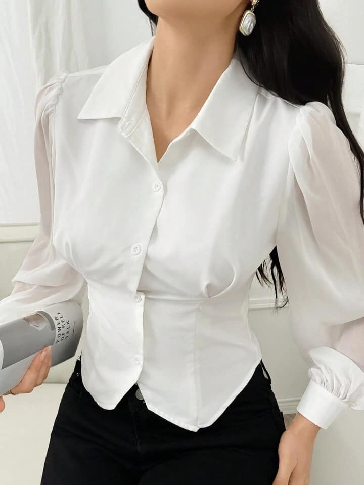 CM-TS680784 Women Elegant Seoul Style Asymmetric Hem Front Button Long Sleeve Shirt