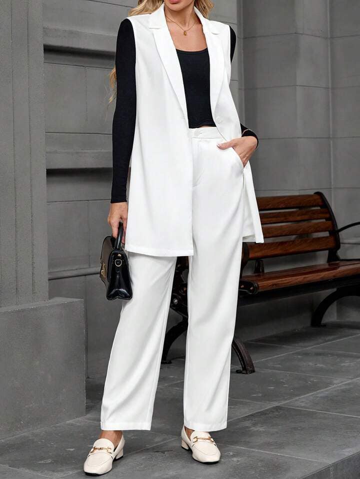 CM-SS431353 Women Elegant Seoul Style Lapel Collar Sleeveless Blazer With Pants Suit - White