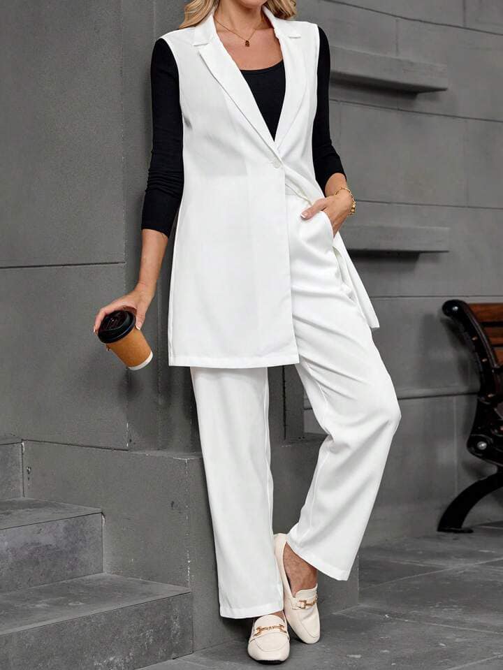 CM-SS431353 Women Elegant Seoul Style Lapel Collar Sleeveless Blazer With Pants Suit - White