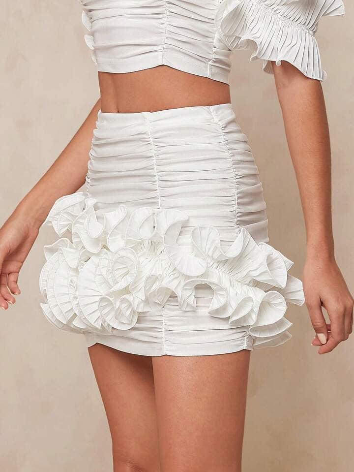 CM-BS031531 Women Casual Seoul Style Solid Color Ruched Layered Mini Skirt - White