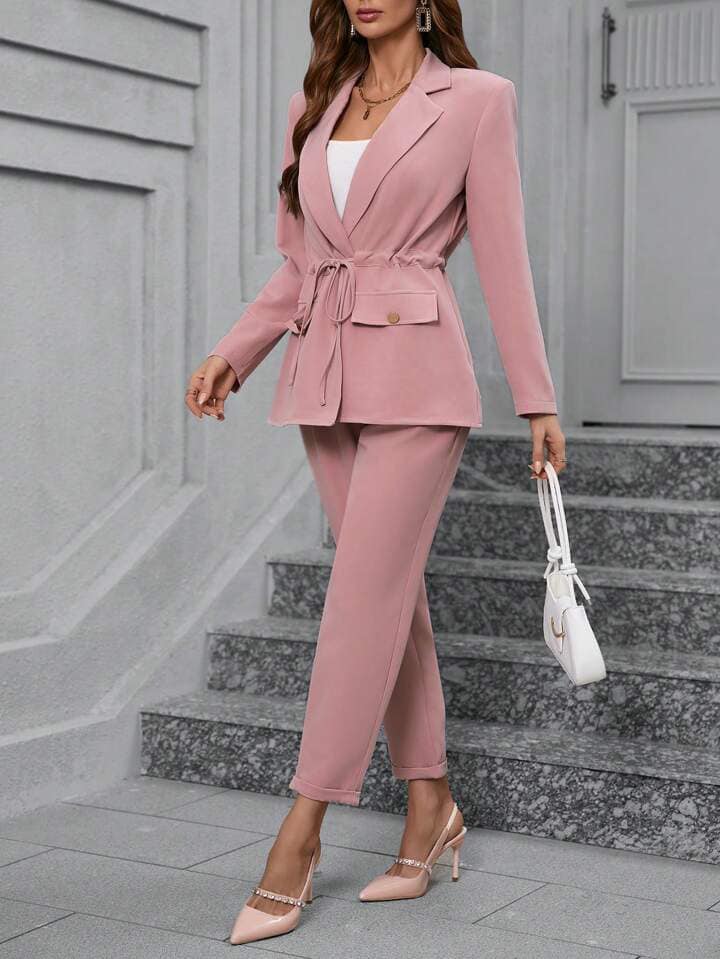 CM-SS813206 Women Elegant Seoul Style Drawstring Waist Blazer With Matching Trousers Suit - Dusty Pink