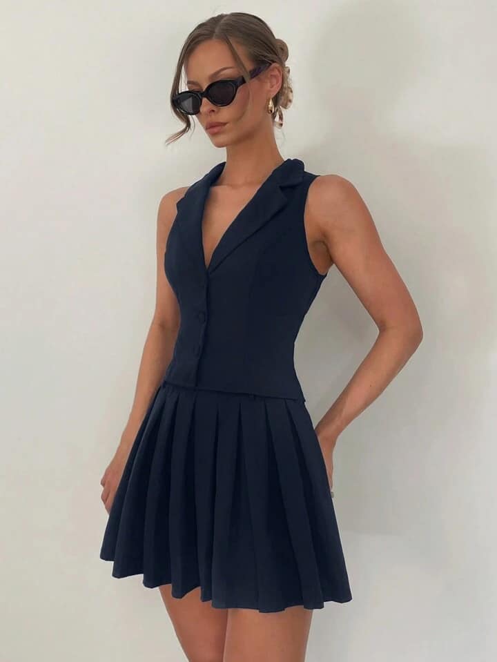 CM-SS480599 Women Elegant Seoul Style Button Decor Vest With Pleated Mini Skirt Suit - Navy Blue