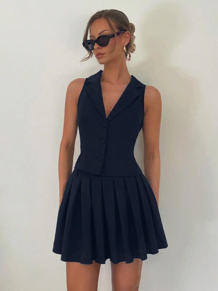 CM-SS480599 Women Elegant Seoul Style Button Decor Vest With Pleated Mini Skirt Suit - Navy Blue