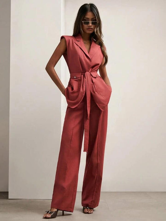 CM-SS474848 Women Elegant Seoul Style Solid Color Lapel Neckline Sleeveless Vest With Trousers Suit - Coral Orange