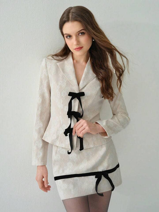 CM-SS157055 Women Elegant Seoul Style Bow Lace Decor Lapel Long Sleeve Top With Mini Skirt - Set