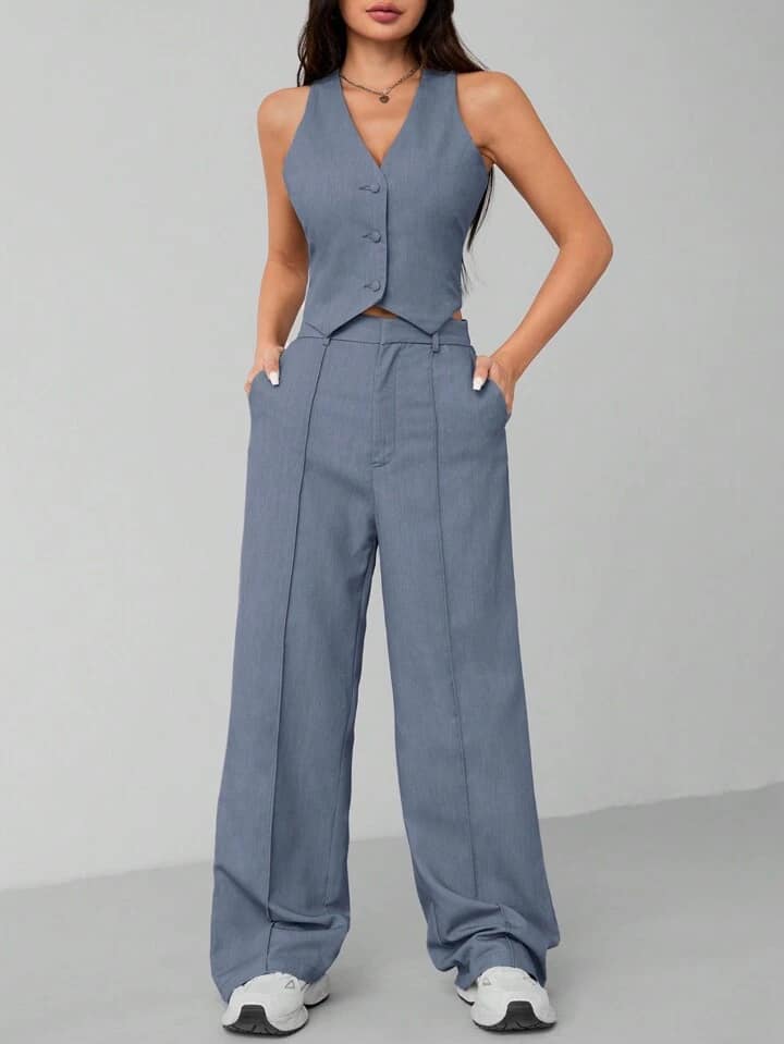 CM-SS460655 Women Elegant Seoul Style Solid Color Single-Breasted Minimalist Vest With Pants Suit - Blue