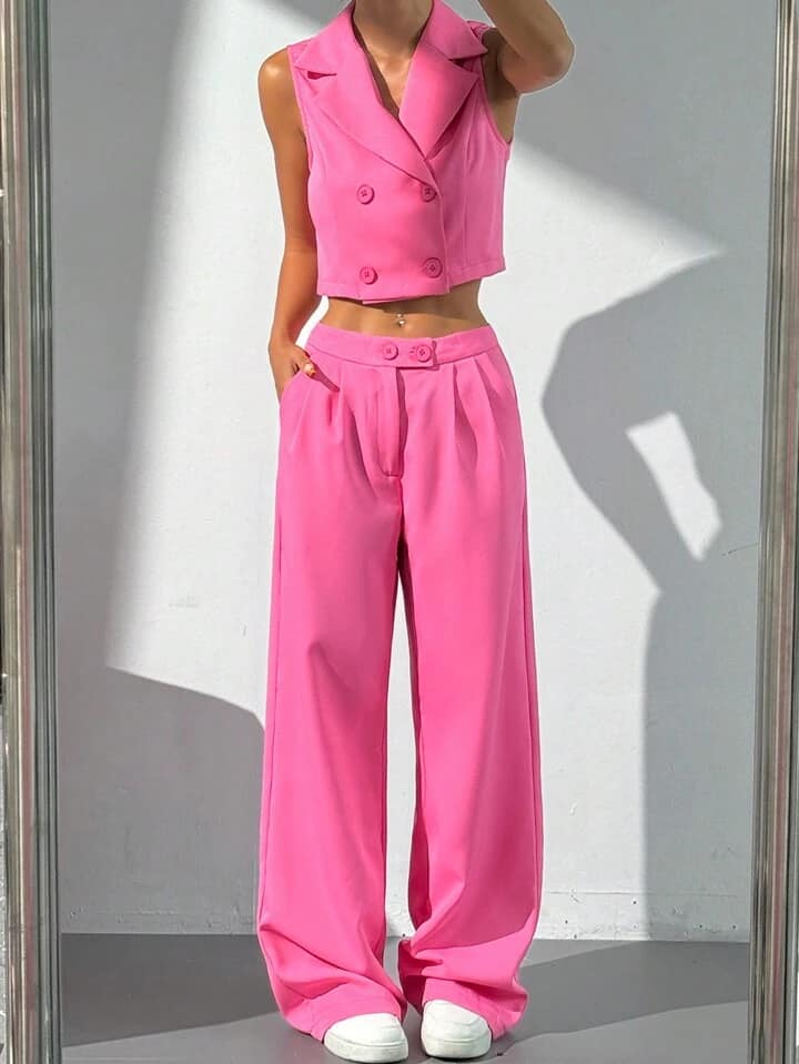 CM-SS876528 Women Elegant Seoul Style Lapel Neckline Double-Breasted Vest With Trousers Suit - Hot Pink