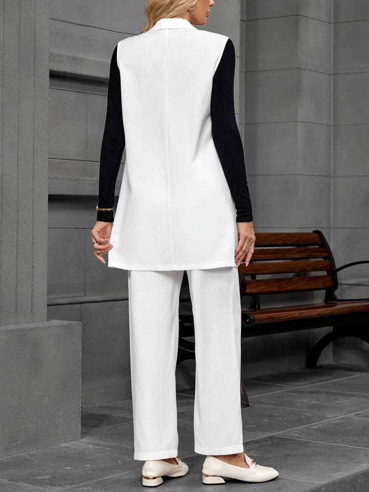 CM-SS431353 Women Elegant Seoul Style Lapel Collar Sleeveless Blazer With Pants Suit - White