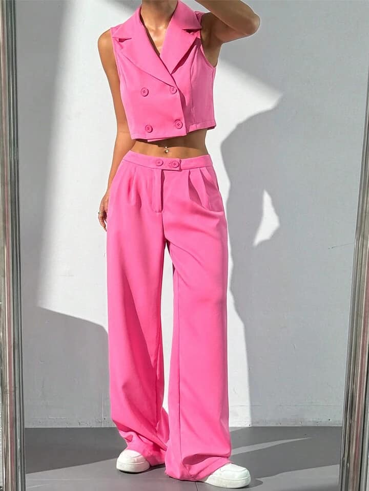 CM-SS876528 Women Elegant Seoul Style Lapel Neckline Double-Breasted Vest With Trousers Suit - Hot Pink