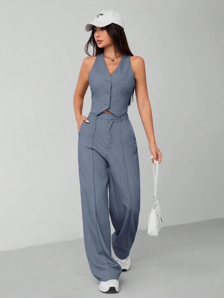 CM-SS460655 Women Elegant Seoul Style Solid Color Single-Breasted Minimalist Vest With Pants Suit - Blue