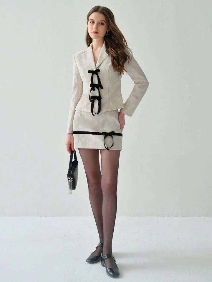 CM-SS157055 Women Elegant Seoul Style Bow Lace Decor Lapel Long Sleeve Top With Mini Skirt - Set