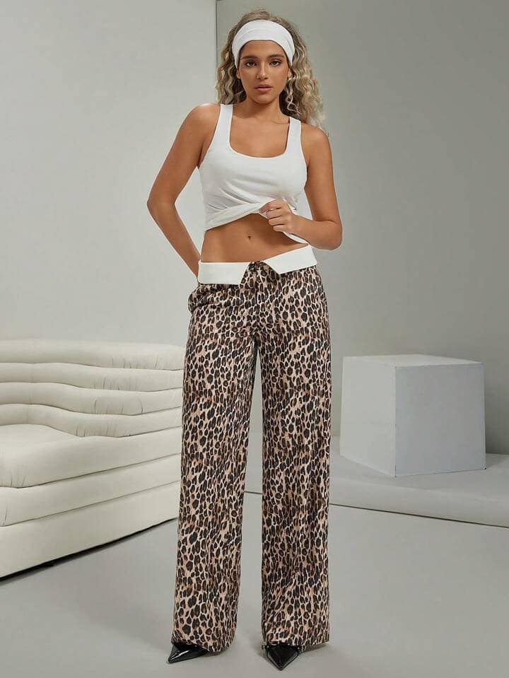 CM-BS409582 Women Casual Seoul Style Turn-Down All-Over Print Floor-Length Pants - Brown