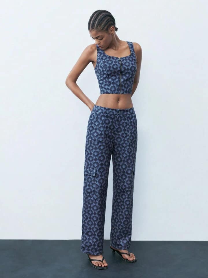 CM-BS800203 Women Casual Seoul Style All-Over Print Pockets Straight-Leg Pants - Blue