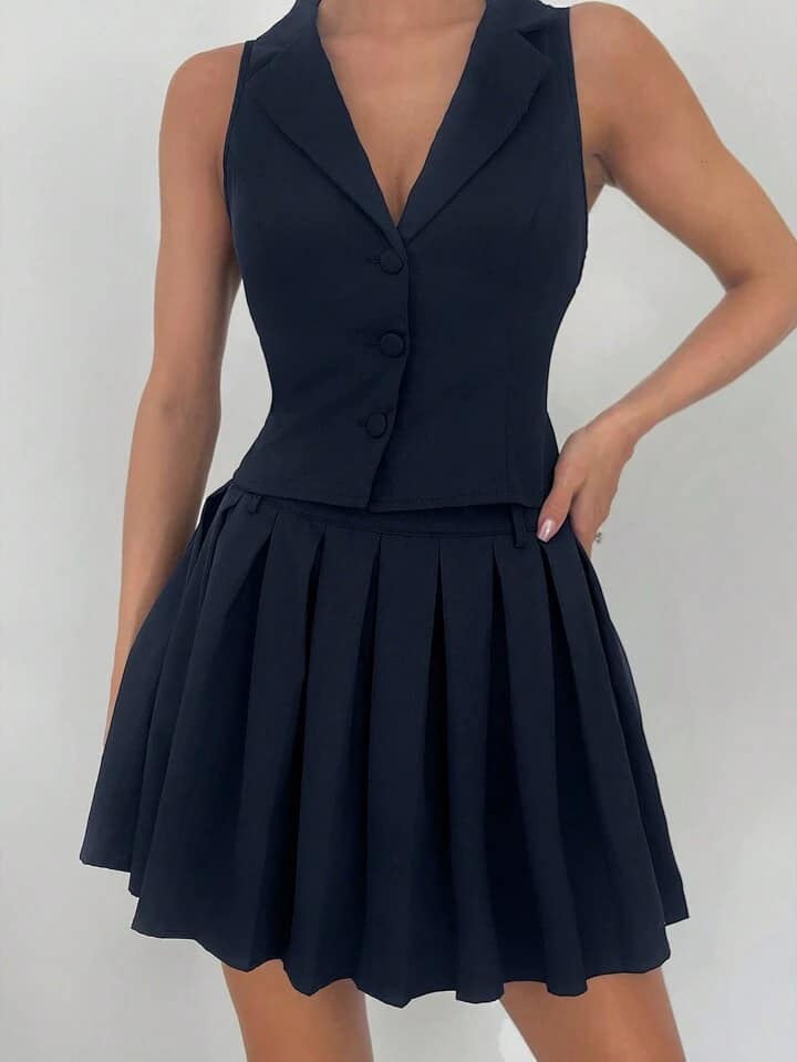 CM-SS480599 Women Elegant Seoul Style Button Decor Vest With Pleated Mini Skirt Suit - Navy Blue