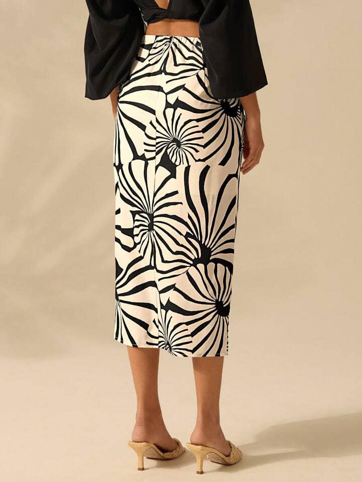 CM-BS948531 Women Trendy Bohemian Style High Waist Tropical All-Over Print Midi Skirt