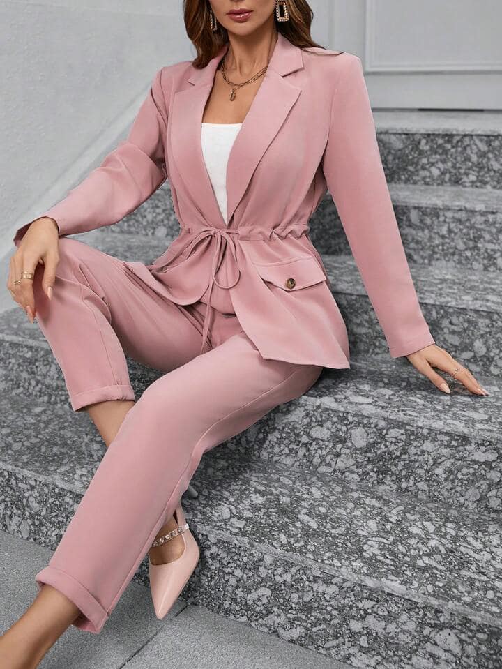 CM-SS813206 Women Elegant Seoul Style Drawstring Waist Blazer With Matching Trousers Suit - Dusty Pink