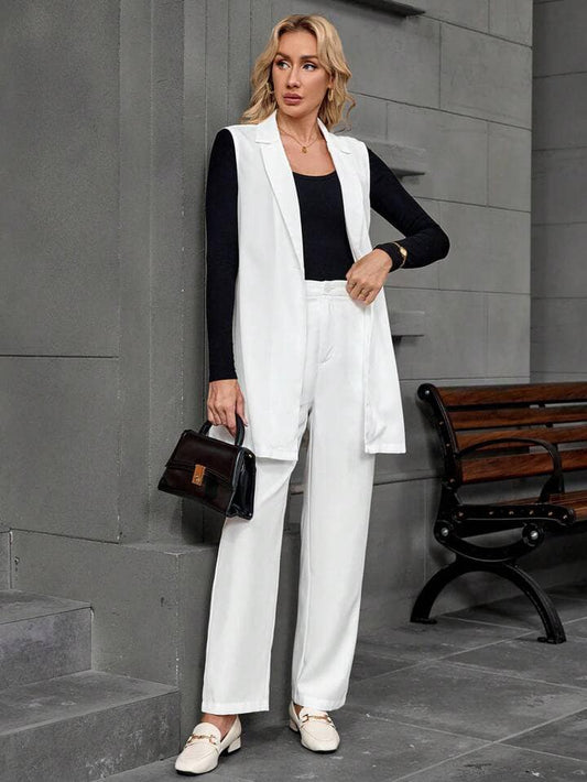 CM-SS431353 Women Elegant Seoul Style Lapel Collar Sleeveless Blazer With Pants Suit - White