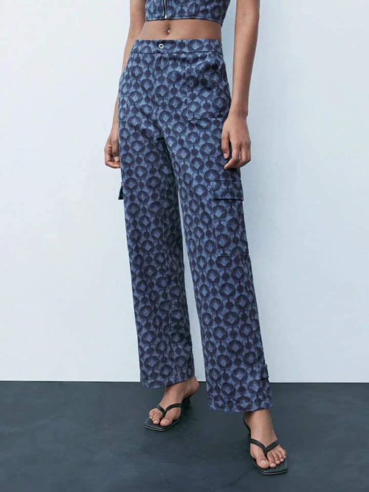 CM-BS800203 Women Casual Seoul Style All-Over Print Pockets Straight-Leg Pants - Blue