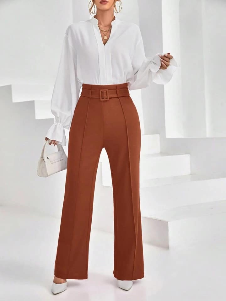 CM-BS435607 Women Casual Seoul Style Ultra High Waist Belt Loop Straight Trousers - Rust Brown