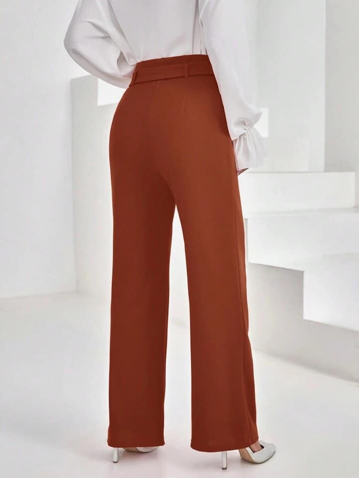 CM-BS435607 Women Casual Seoul Style Ultra High Waist Belt Loop Straight Trousers - Rust Brown