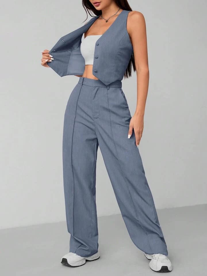 CM-SS460655 Women Elegant Seoul Style Solid Color Single-Breasted Minimalist Vest With Pants Suit - Blue