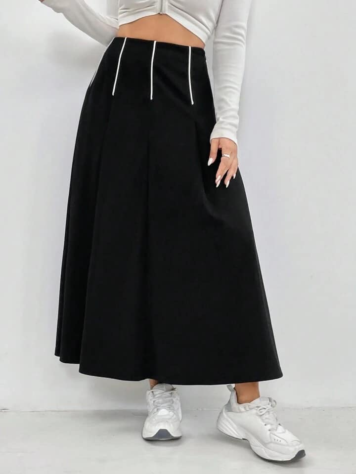 CM-BS762763 Women Casual Seoul Style High Waist Colorblock Striped A-Line Skirt - Black