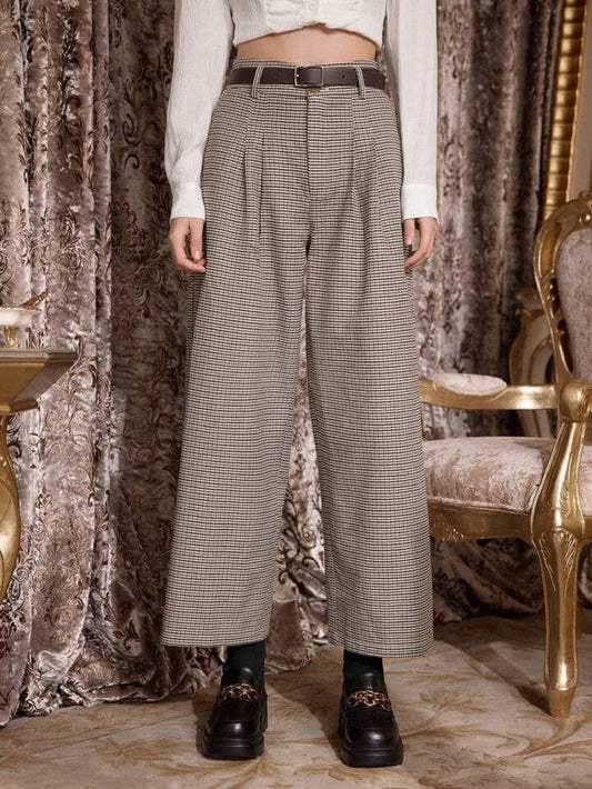 CM-BS368084 Women Casual Seoul Style Pleated Waist Vintage Plaid Wide Leg Pants - Khaki