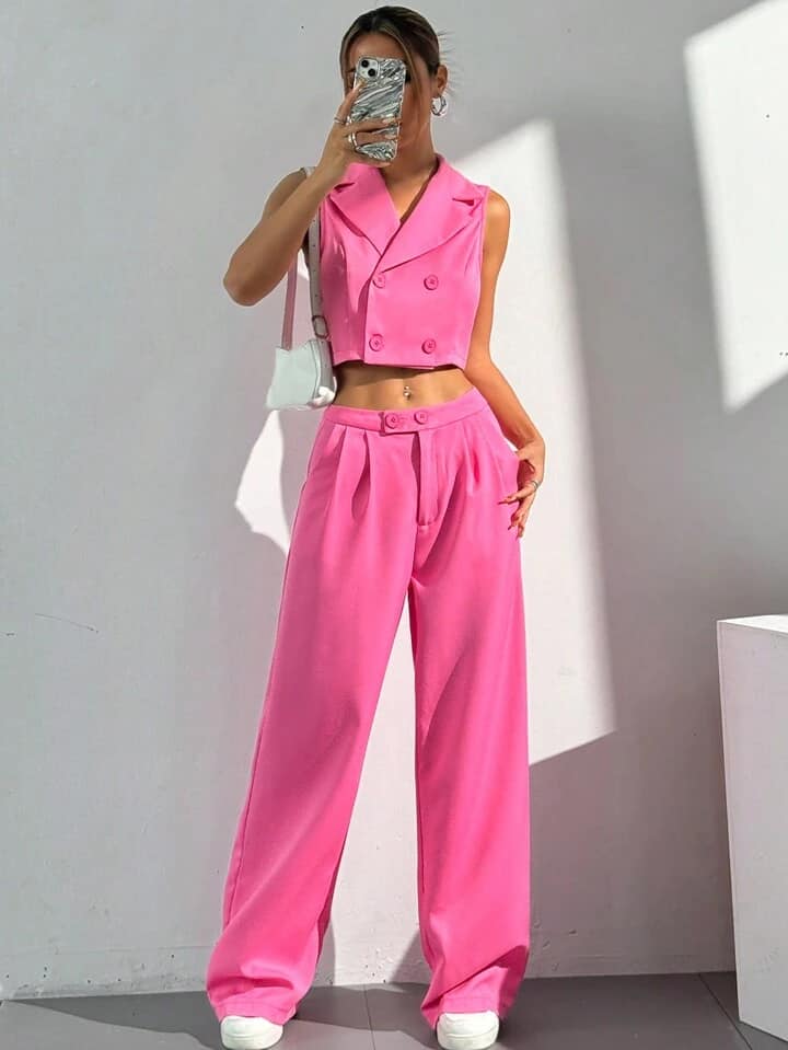 CM-SS876528 Women Elegant Seoul Style Lapel Neckline Double-Breasted Vest With Trousers Suit - Hot Pink