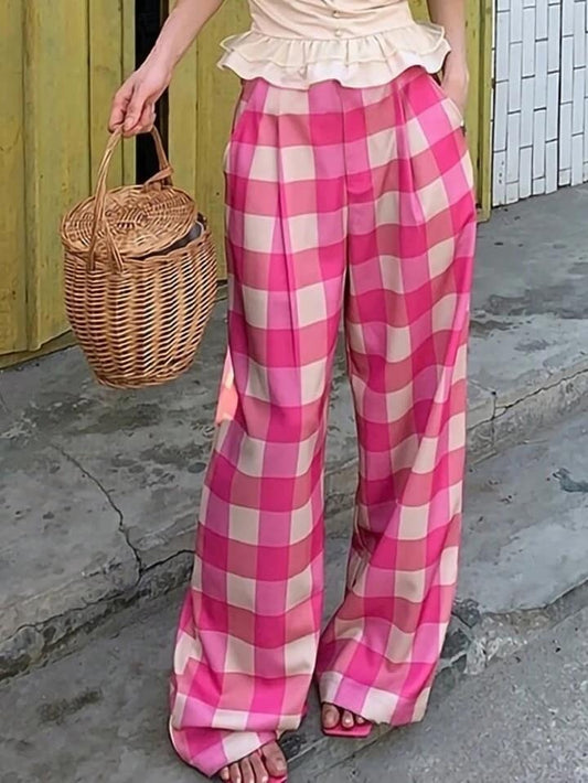 CM-BS653888 Women Trendy Bohemian Style Pocket Plaid Pleated Wide-Leg Loose Trousers