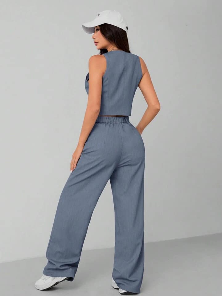 CM-SS460655 Women Elegant Seoul Style Solid Color Single-Breasted Minimalist Vest With Pants Suit - Blue