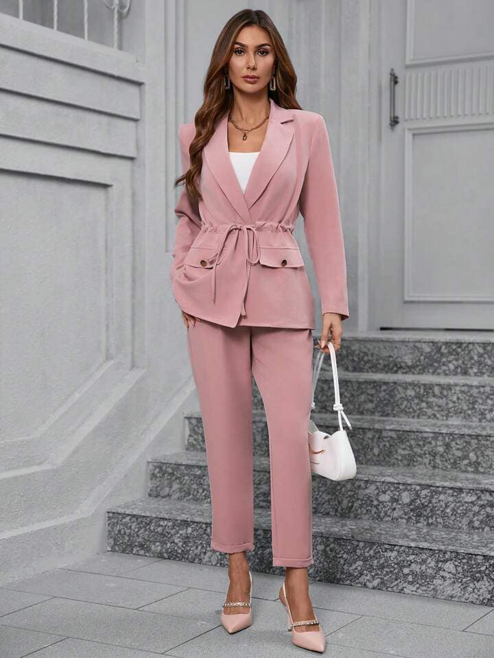 CM-SS813206 Women Elegant Seoul Style Drawstring Waist Blazer With Matching Trousers Suit - Dusty Pink