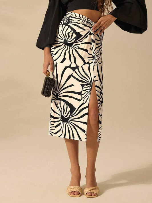 CM-BS948531 Women Trendy Bohemian Style High Waist Tropical All-Over Print Midi Skirt