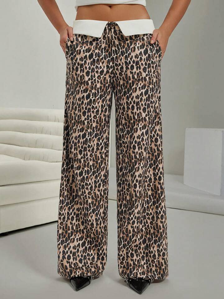 CM-BS409582 Women Casual Seoul Style Turn-Down All-Over Print Floor-Length Pants - Brown