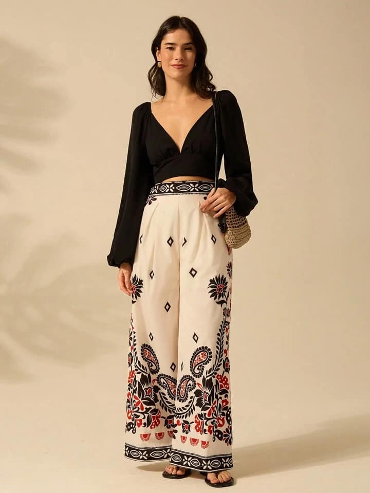 CM-BS137317 Women Trendy Bohemian Style High Waist Tropical Plants Prints Wide Leg Pants