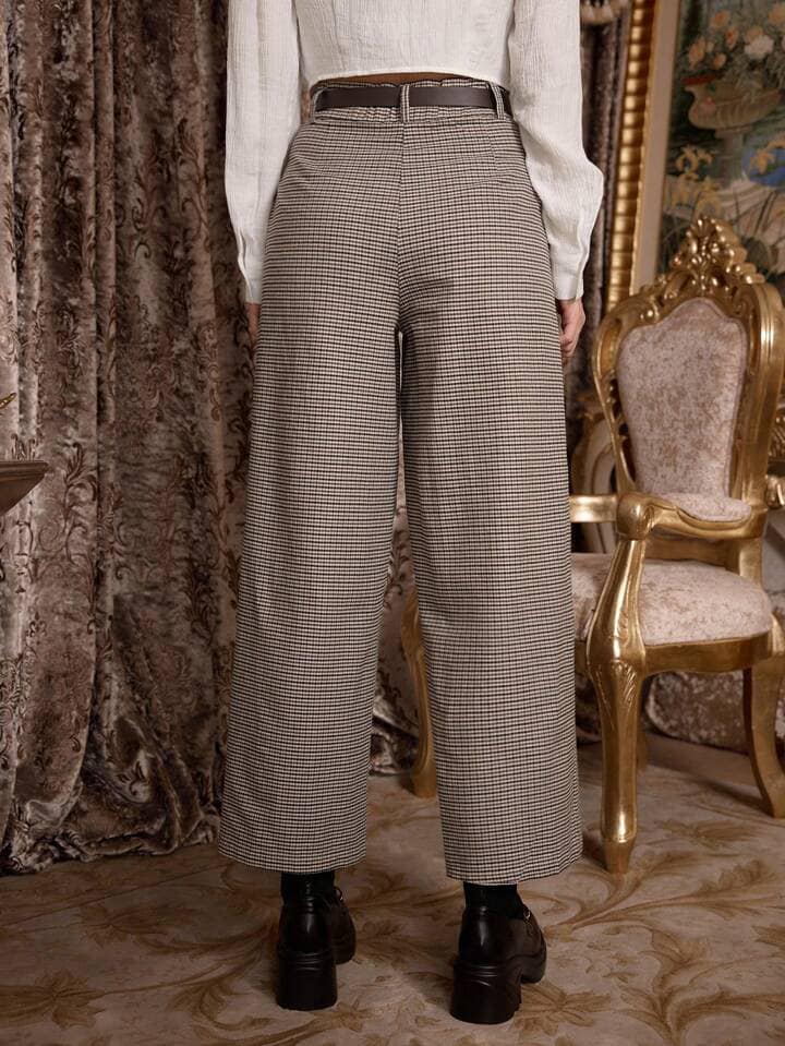 CM-BS368084 Women Casual Seoul Style Pleated Waist Vintage Plaid Wide Leg Pants - Khaki