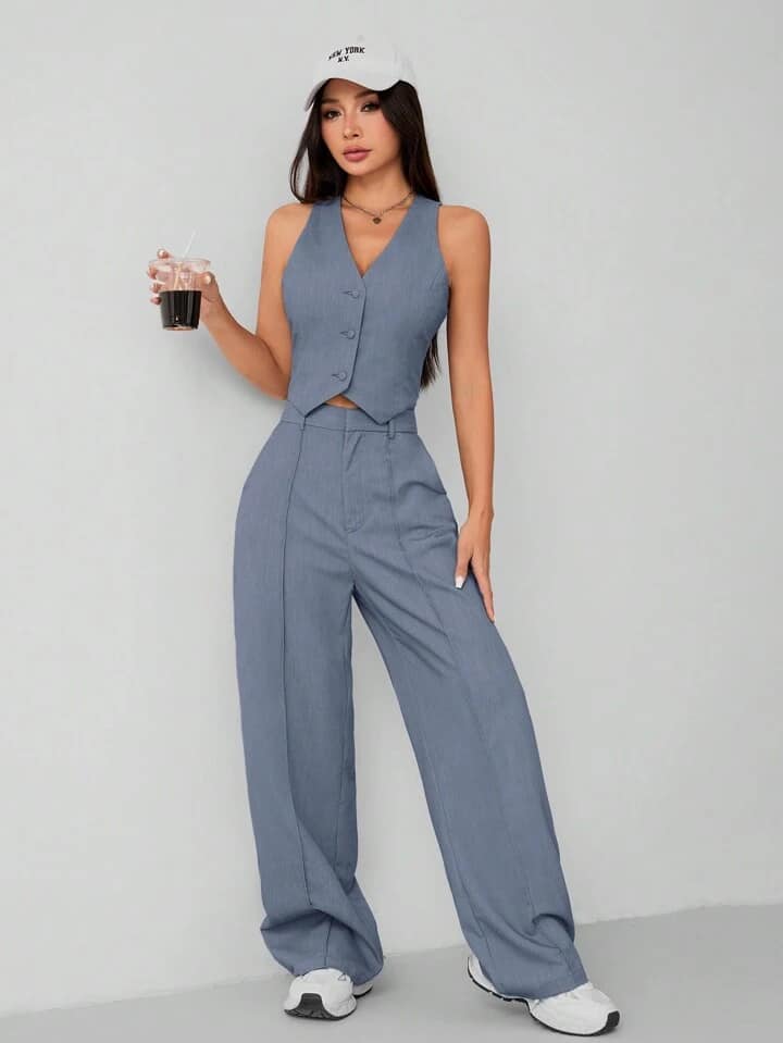 CM-SS460655 Women Elegant Seoul Style Solid Color Single-Breasted Minimalist Vest With Pants Suit - Blue