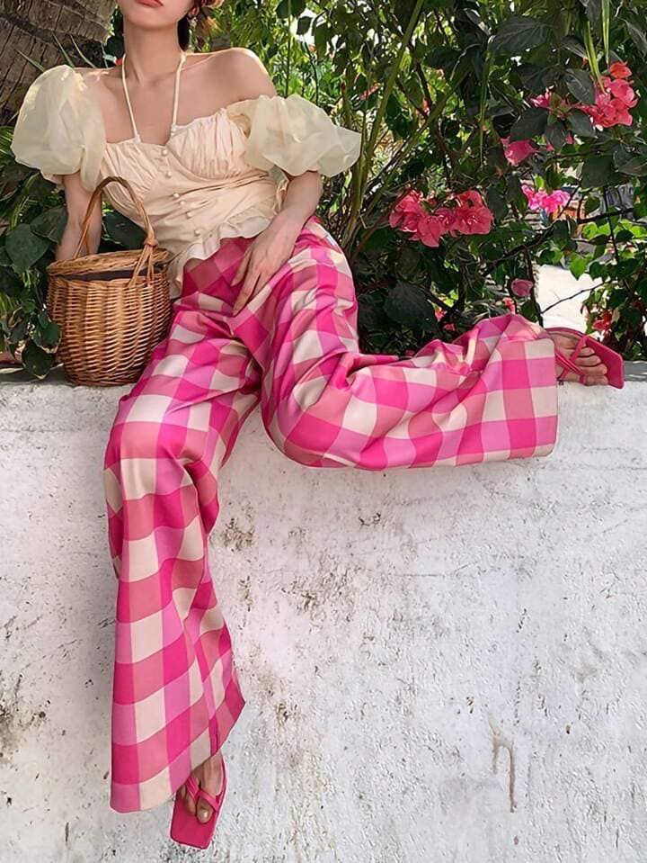 CM-BS653888 Women Trendy Bohemian Style Pocket Plaid Pleated Wide-Leg Loose Trousers