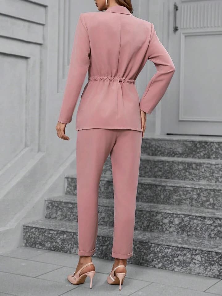 CM-SS813206 Women Elegant Seoul Style Drawstring Waist Blazer With Matching Trousers Suit - Dusty Pink