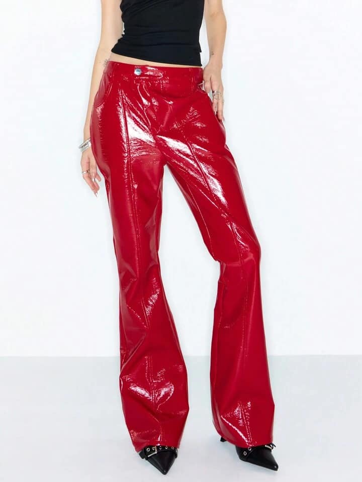 CM-BS622385 Women Elegant Seoul Style PU Fit Flare High Waisted Trousers - Red