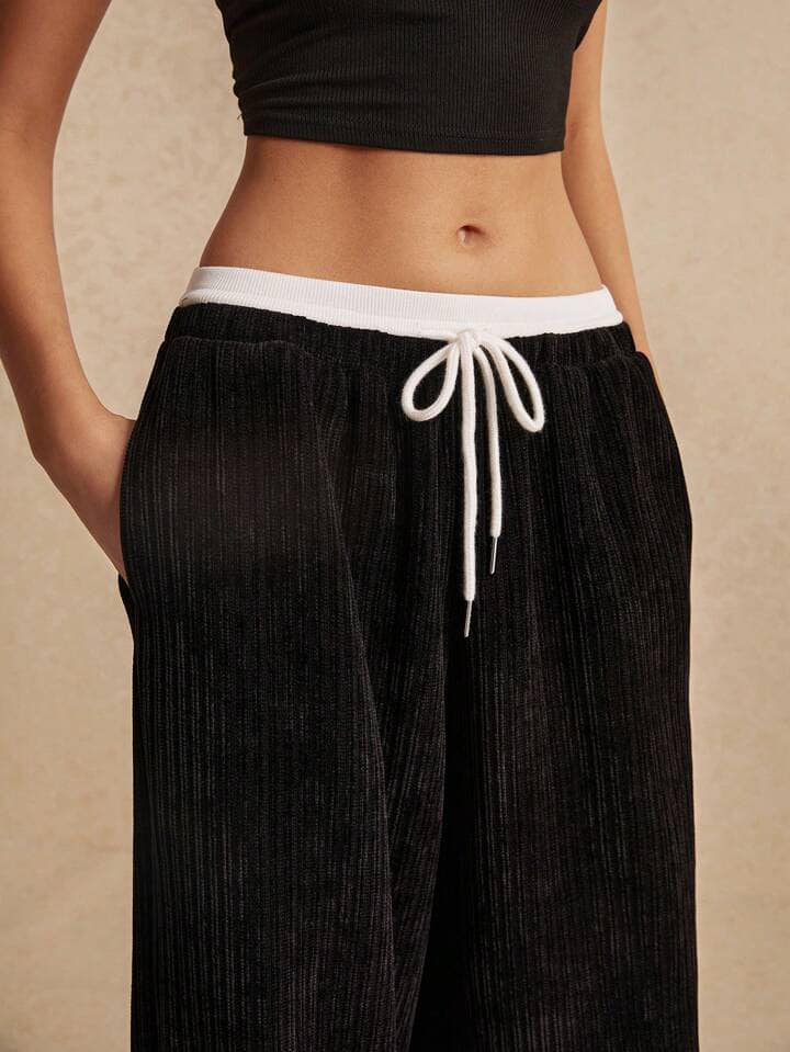 CM-BS353658 Women Casual Seoul Style Drawstring Splicing Corduroy Wide-Leg Pants - Black