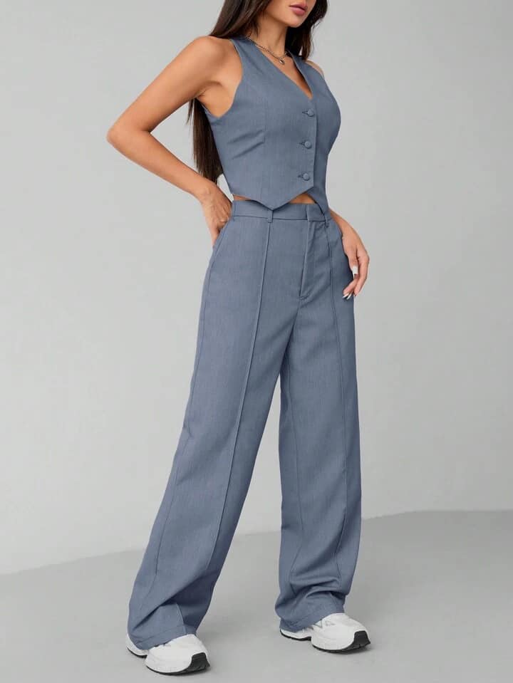 CM-SS460655 Women Elegant Seoul Style Solid Color Single-Breasted Minimalist Vest With Pants Suit - Blue