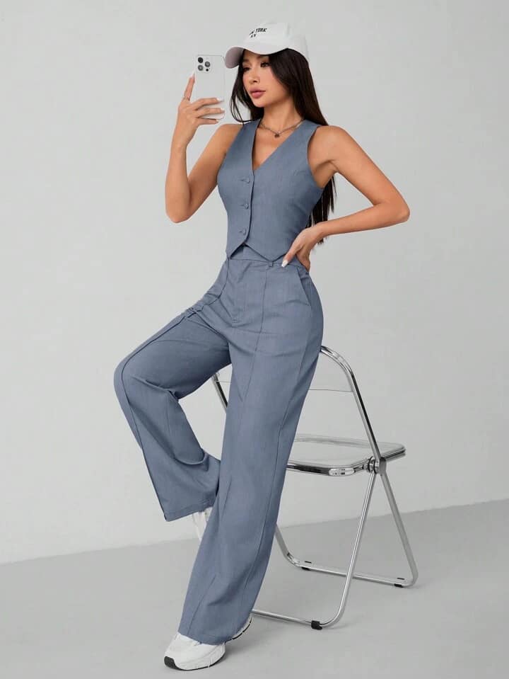 CM-SS460655 Women Elegant Seoul Style Solid Color Single-Breasted Minimalist Vest With Pants Suit - Blue