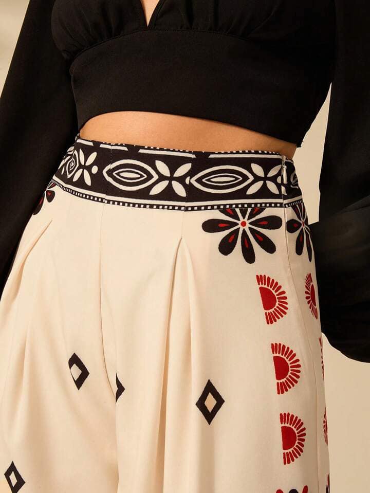 CM-BS137317 Women Trendy Bohemian Style High Waist Tropical Plants Prints Wide Leg Pants