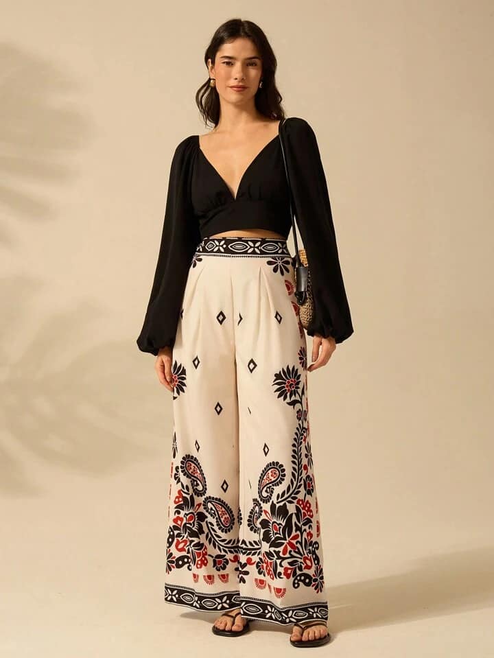 CM-BS137317 Women Trendy Bohemian Style High Waist Tropical Plants Prints Wide Leg Pants