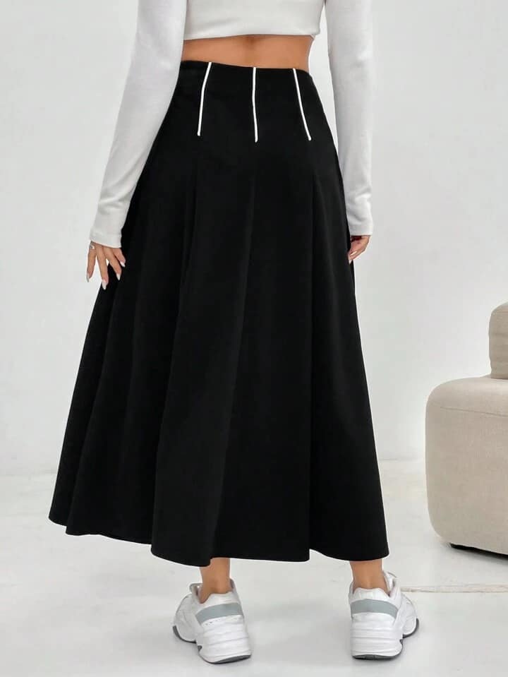 CM-BS762763 Women Casual Seoul Style High Waist Colorblock Striped A-Line Skirt - Black