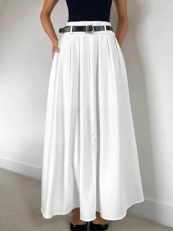 CM-BS030838 Women Casual Seoul Style Solid Color Pleated Pocket Long Skirt With Belt - White