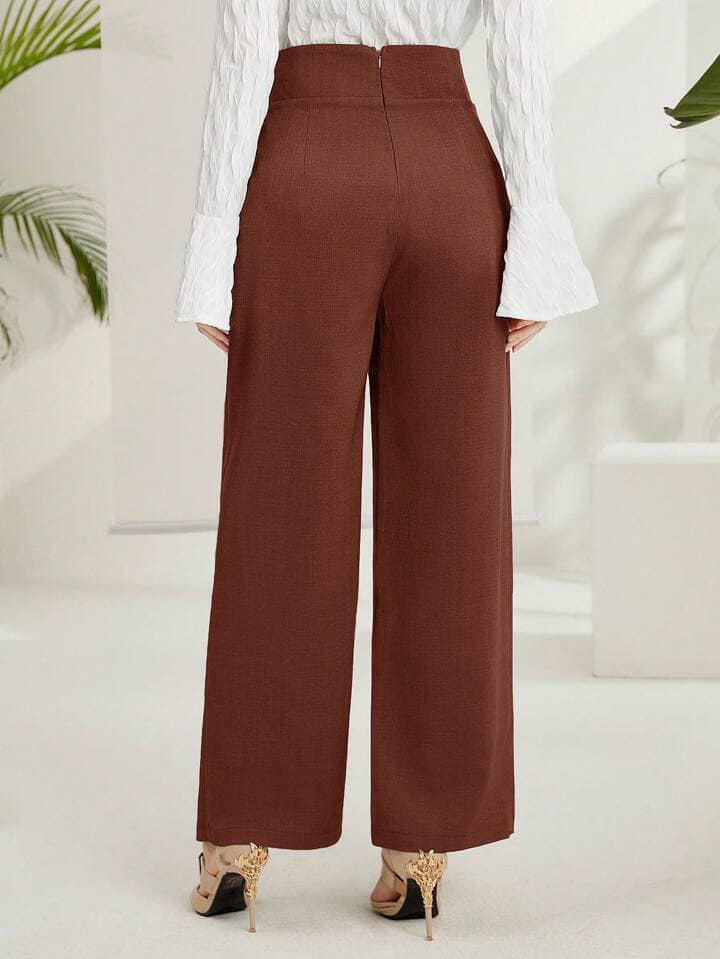 CM-BS891647 Women Casual Seoul Style Ultra High Waist Straight Leg Trousers - Rust Brown