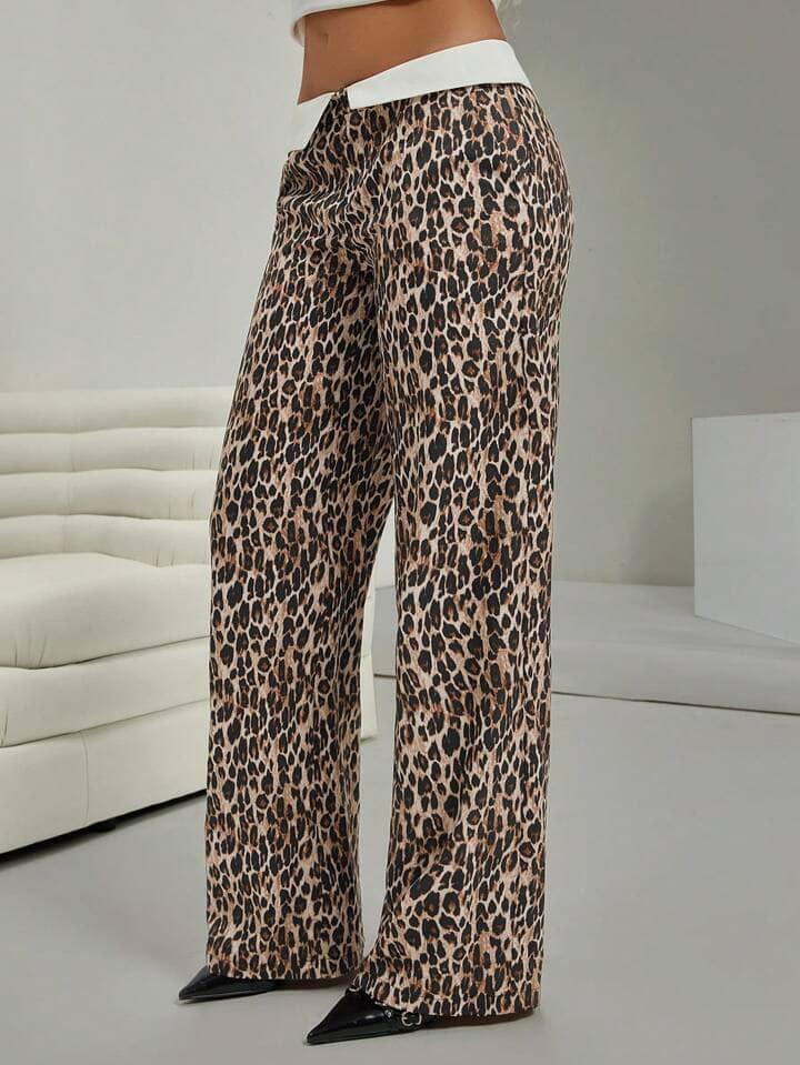 CM-BS409582 Women Casual Seoul Style Turn-Down All-Over Print Floor-Length Pants - Brown