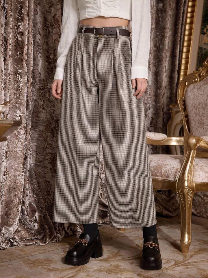 CM-BS368084 Women Casual Seoul Style Pleated Waist Vintage Plaid Wide Leg Pants - Khaki